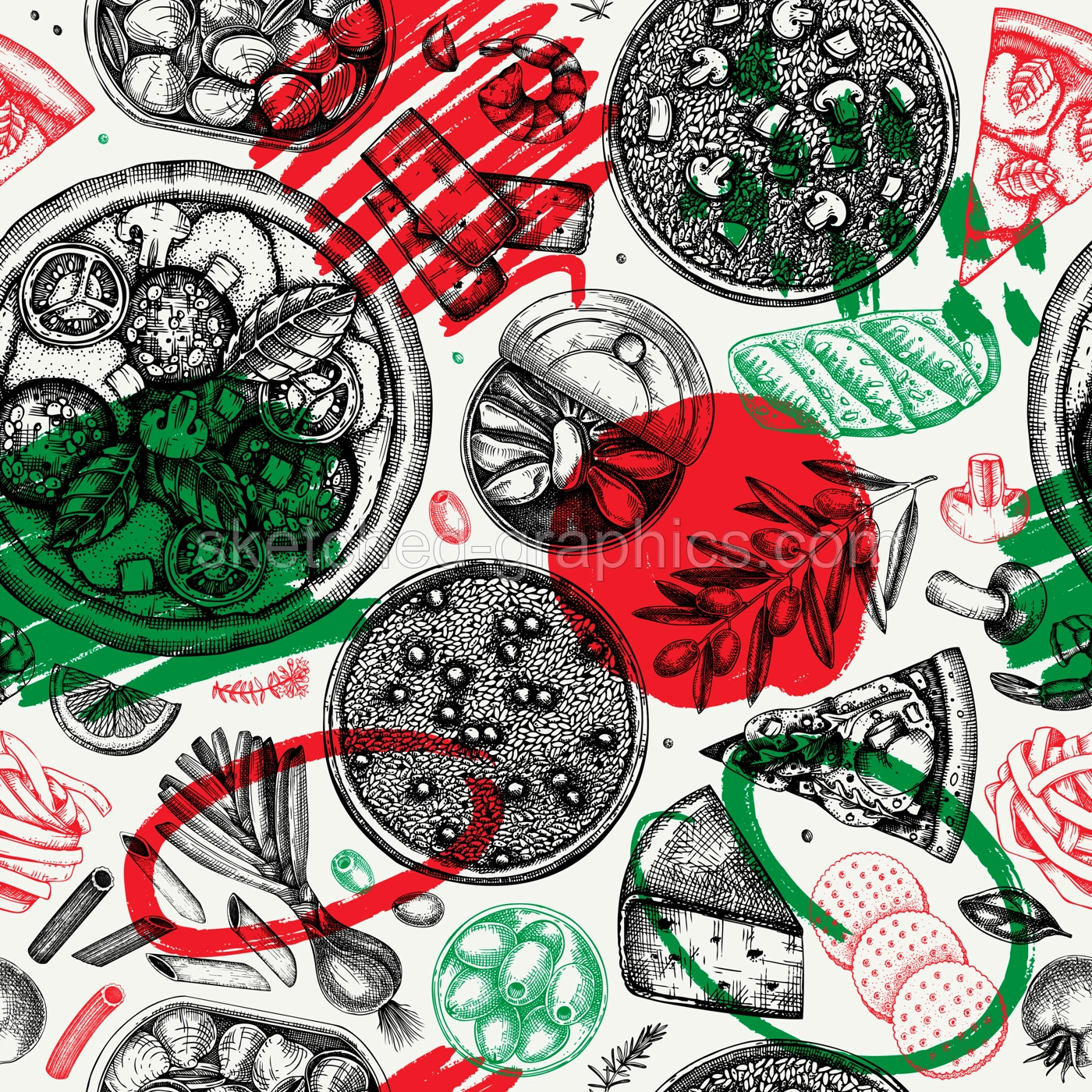 Italian cuisine vector background. Hand drawn pizza, pasta, tinned fish canape and risotto with mushrooms sketches. Mediterranean food seamless pattern in collage style. Trendy menu design Illustration